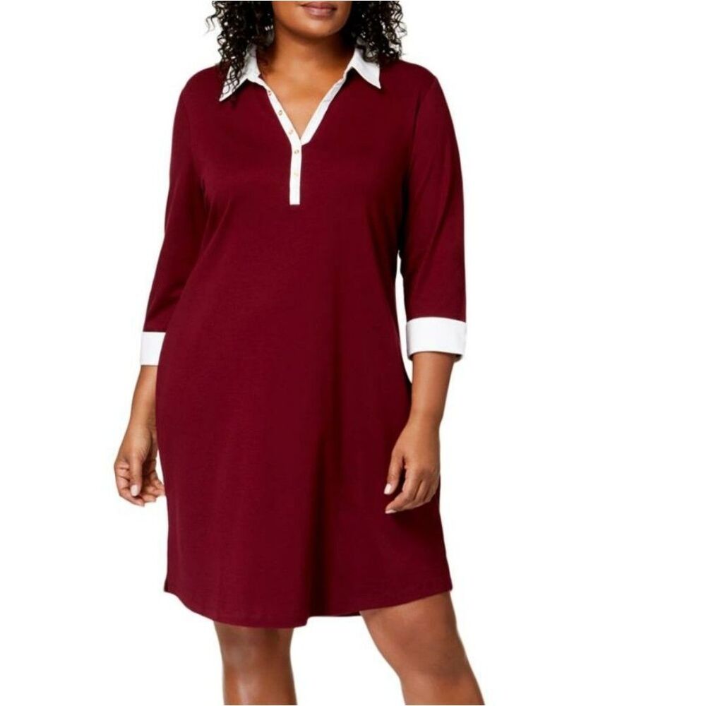 Karen Scott Red Cotton Contrast Hem Shirtdress Plus Size 3X NWT